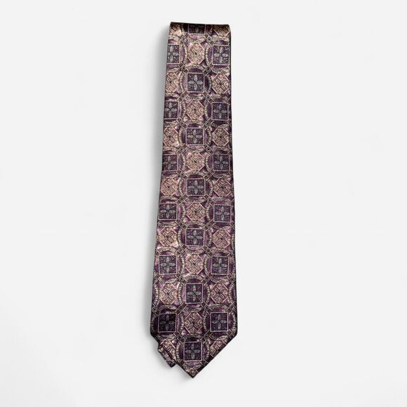 Vintage 90s Bill Blass Purple and Tan Geometric Print Neck Tie - Picture 1 of 6